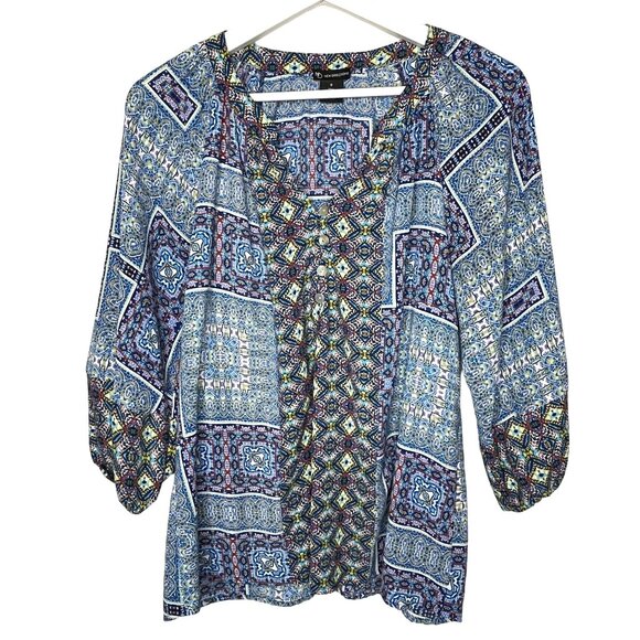 New Directions Blue Patchwork Boho Peasant Blouse 3/4 Sleeve Small - Picture 1 of 7